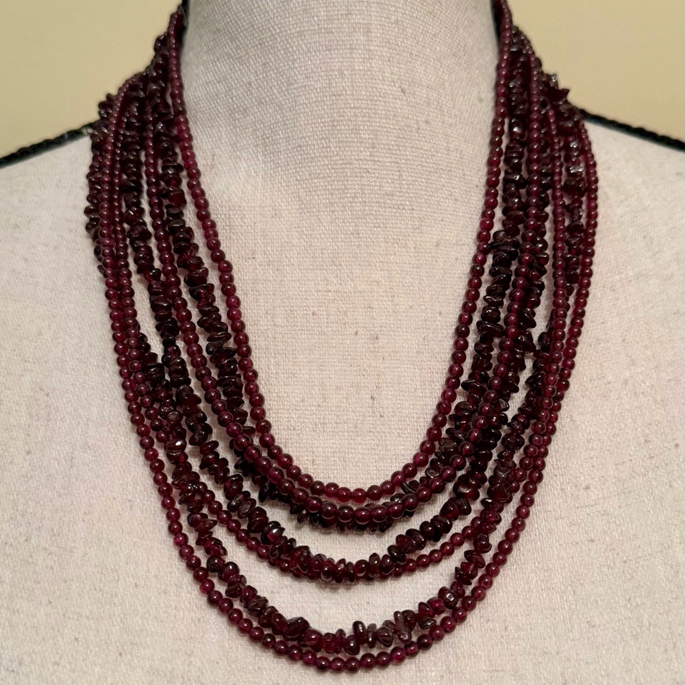 Multi-Strand Garnet Bead Necklace — Deep Wine Red Layered Necklace